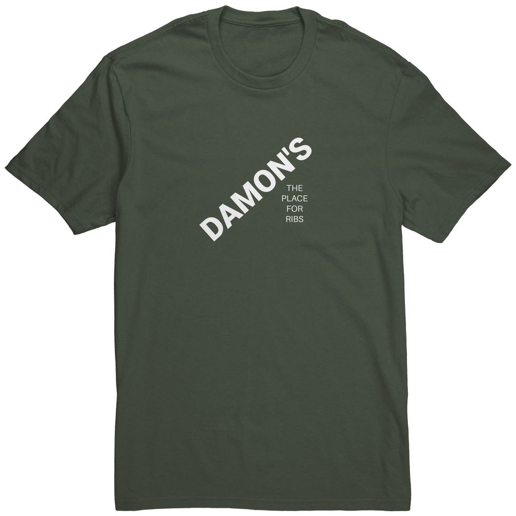Damons_The_Place_For_Ribs_T-Shirt_Olive_Front_Mockup.png